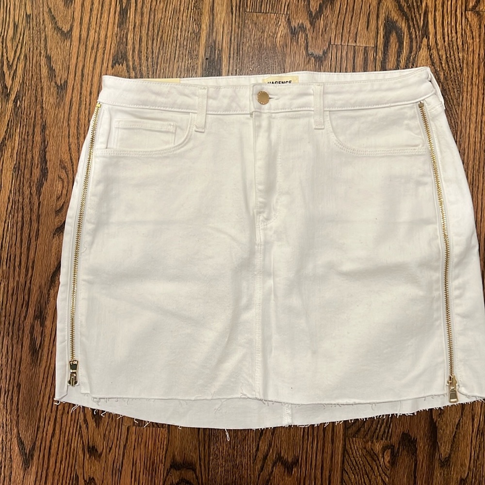 L'AGENCE White Denim Skirt with Gold Zippers
